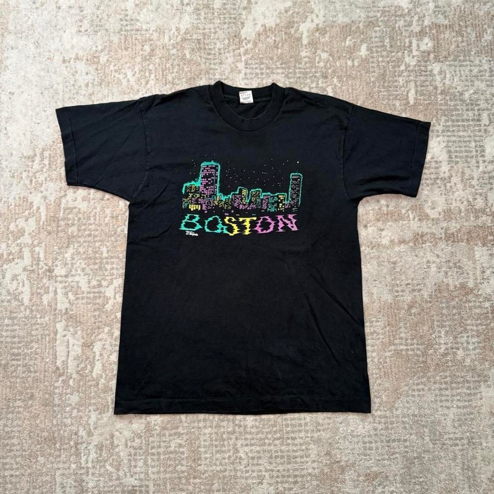 Vintage 90s Fruit of the Loom Boston Graphic Print Black Single Stitch T-Shirt